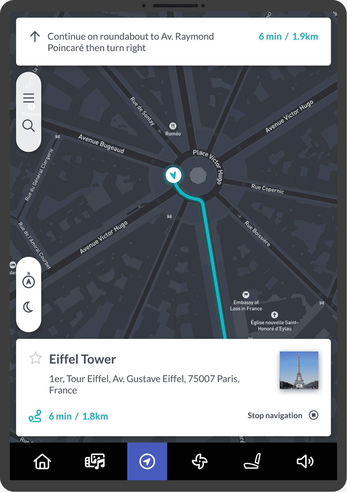 Navigation app Eiffel enroute just started