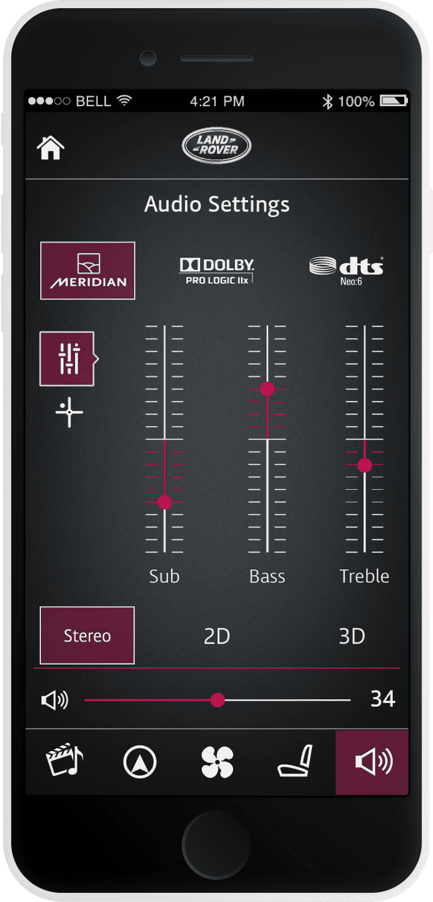 Phone app screen of audio settings showing surround sound options and sliders for equalizer