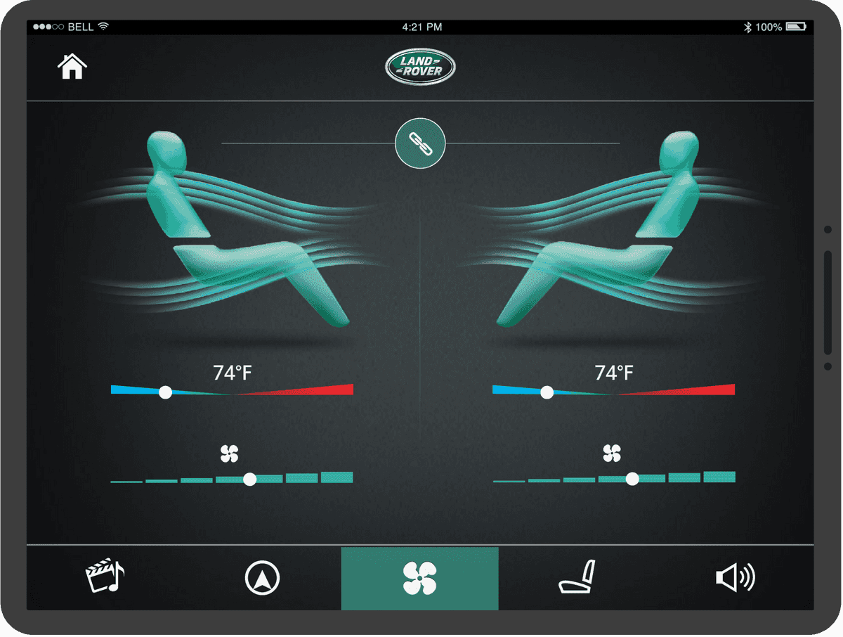 Tablet app screen of climate controls showing full cabin cooling circulation