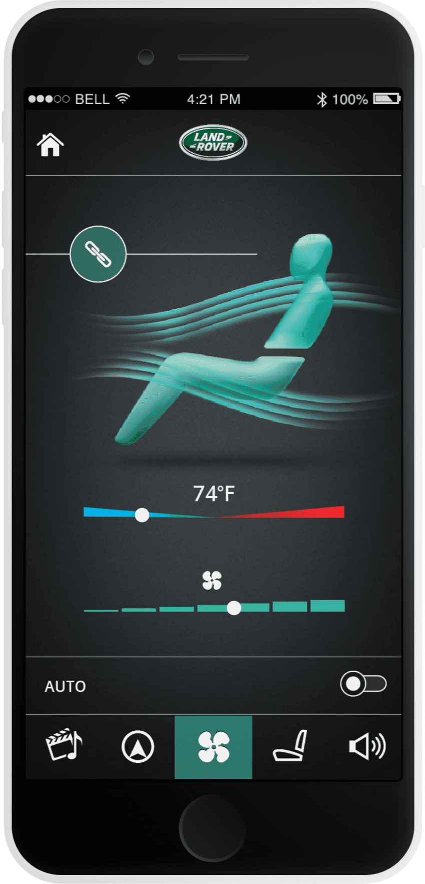 Phone app screen of climate controls showing passenger zone controlling full cabin cooling circulation