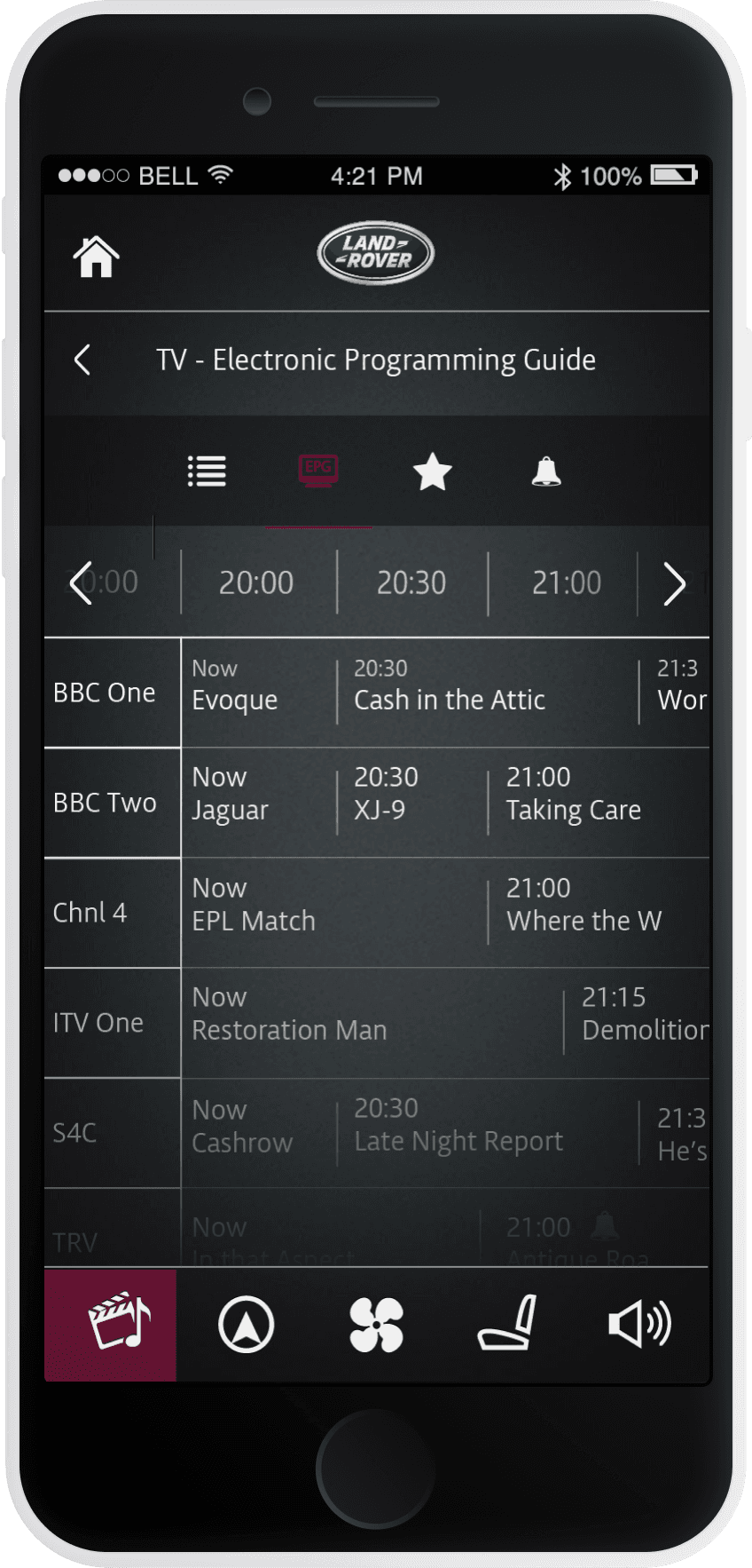 Phone app screen of video programming guide showing stations and scheduled programming