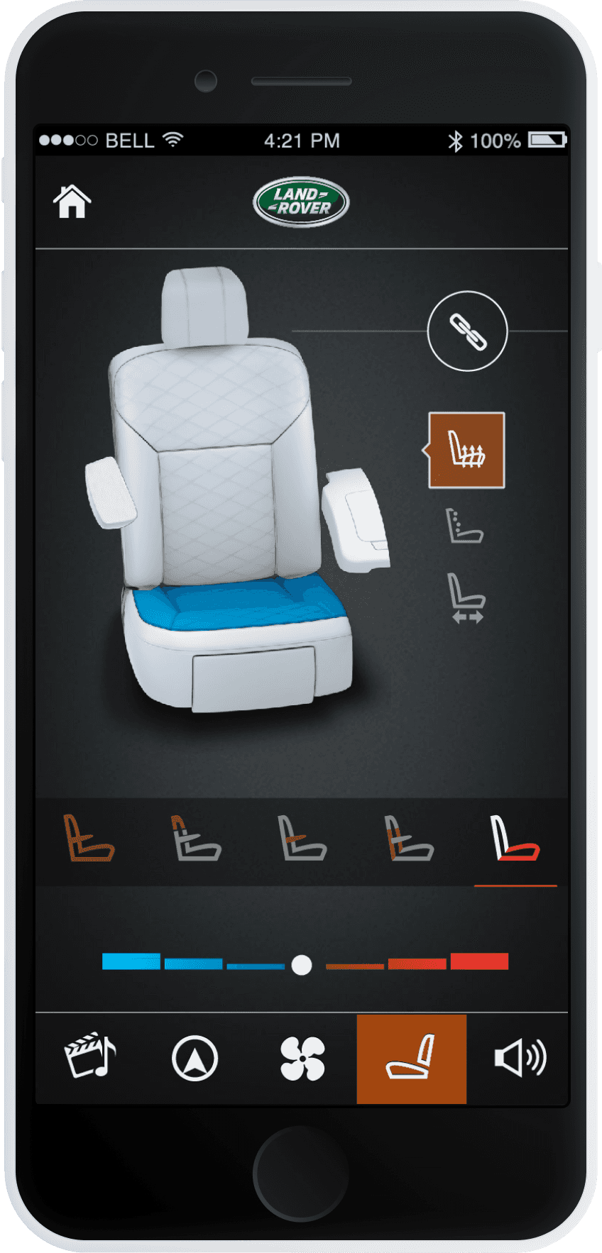 Phone app screen of passenger seat control of heated seat