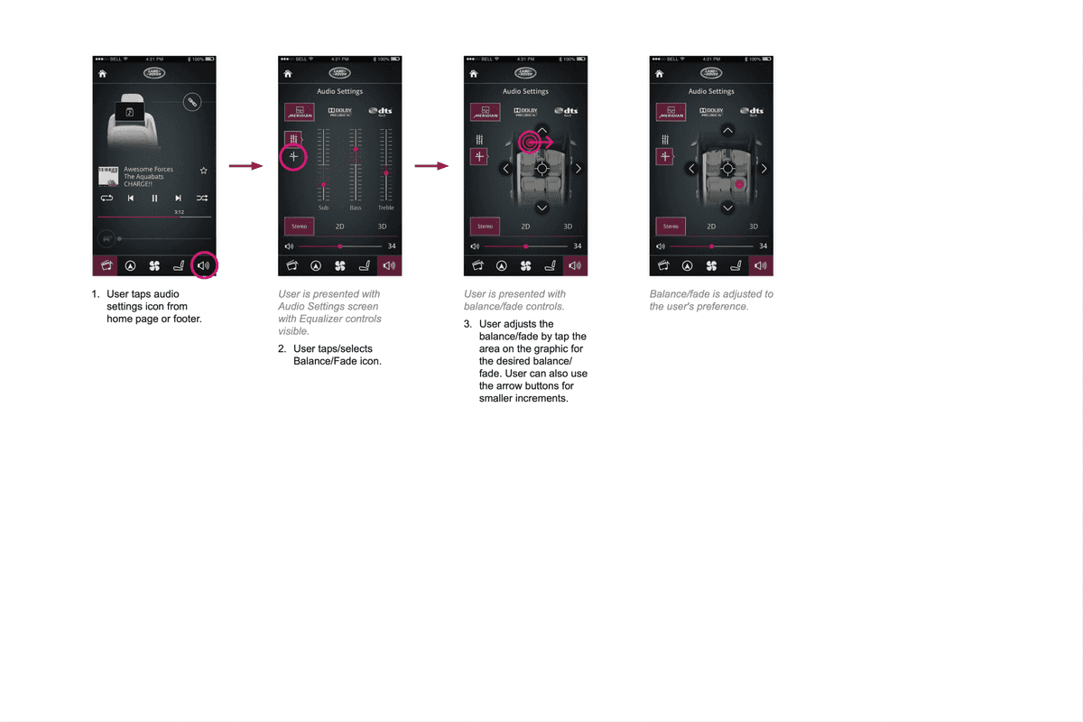 Audio control userflow showing how to adjust audio balance and fade