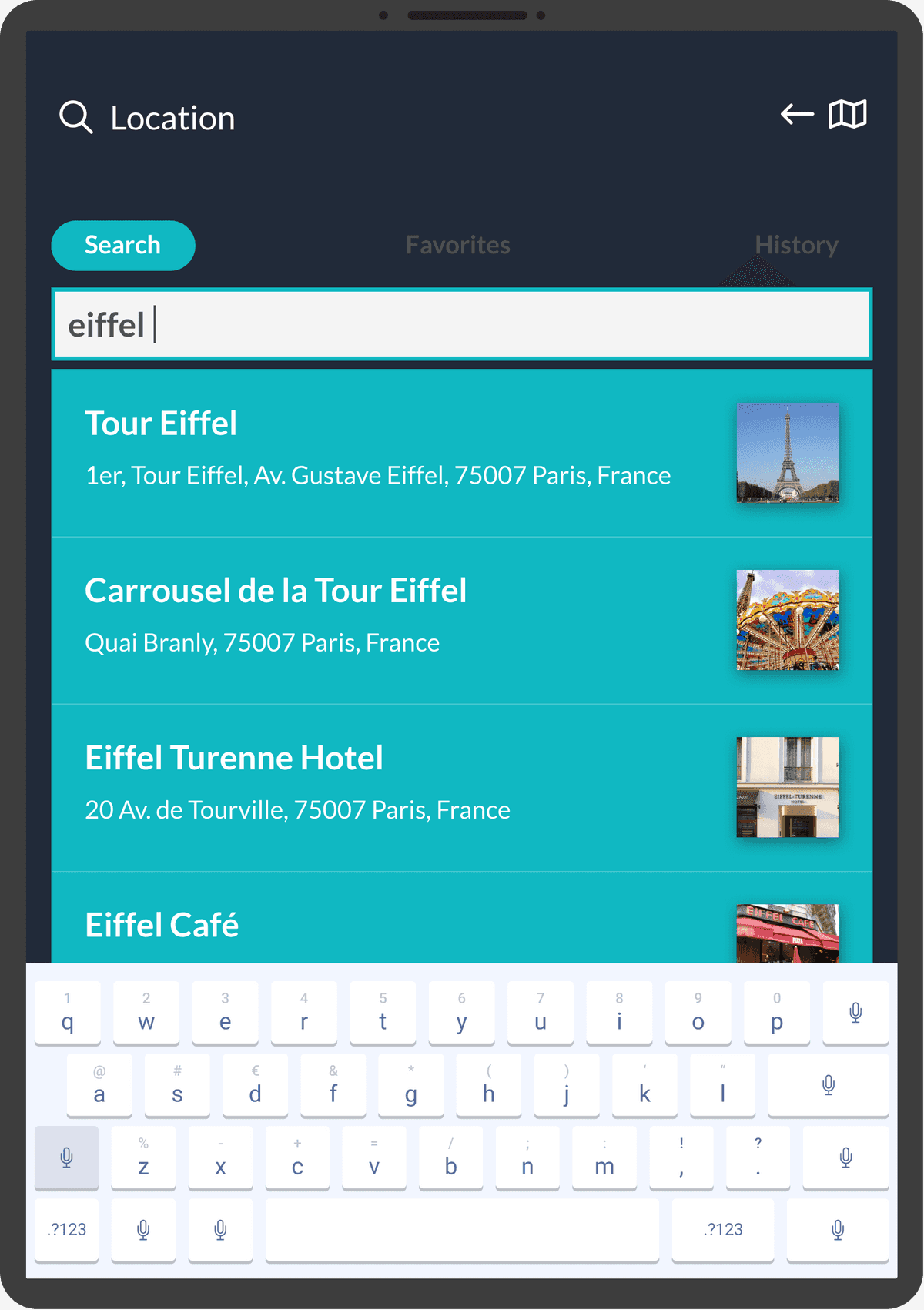 Navigation app Eiffel search results