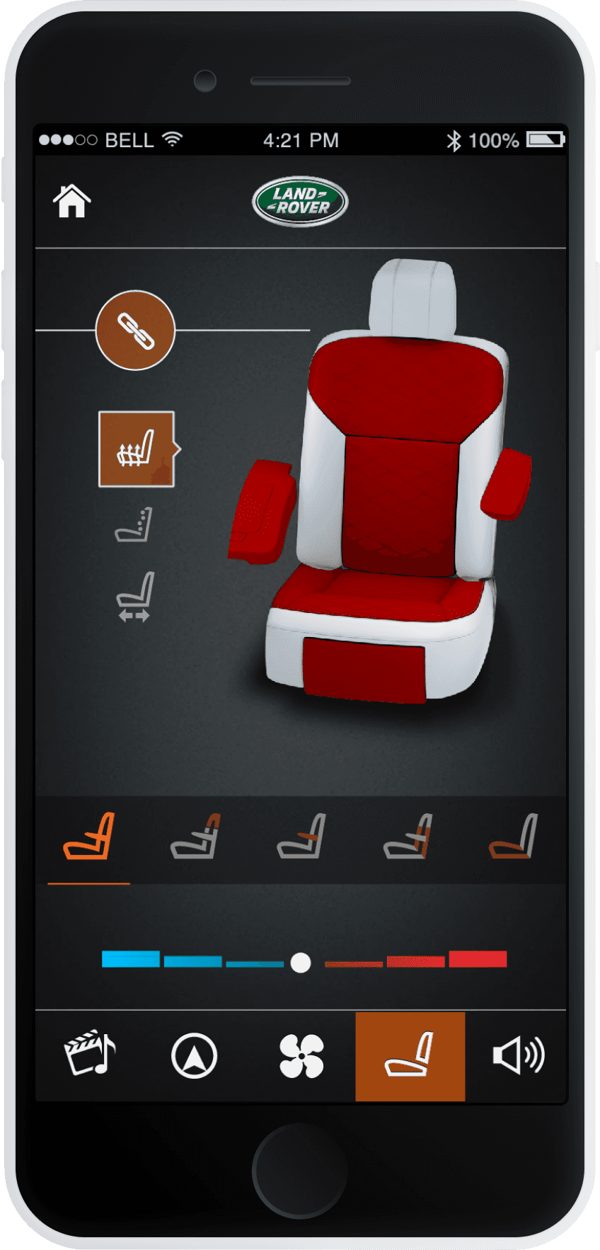 Phone app screen of driver seat control of heated seat and seat-back